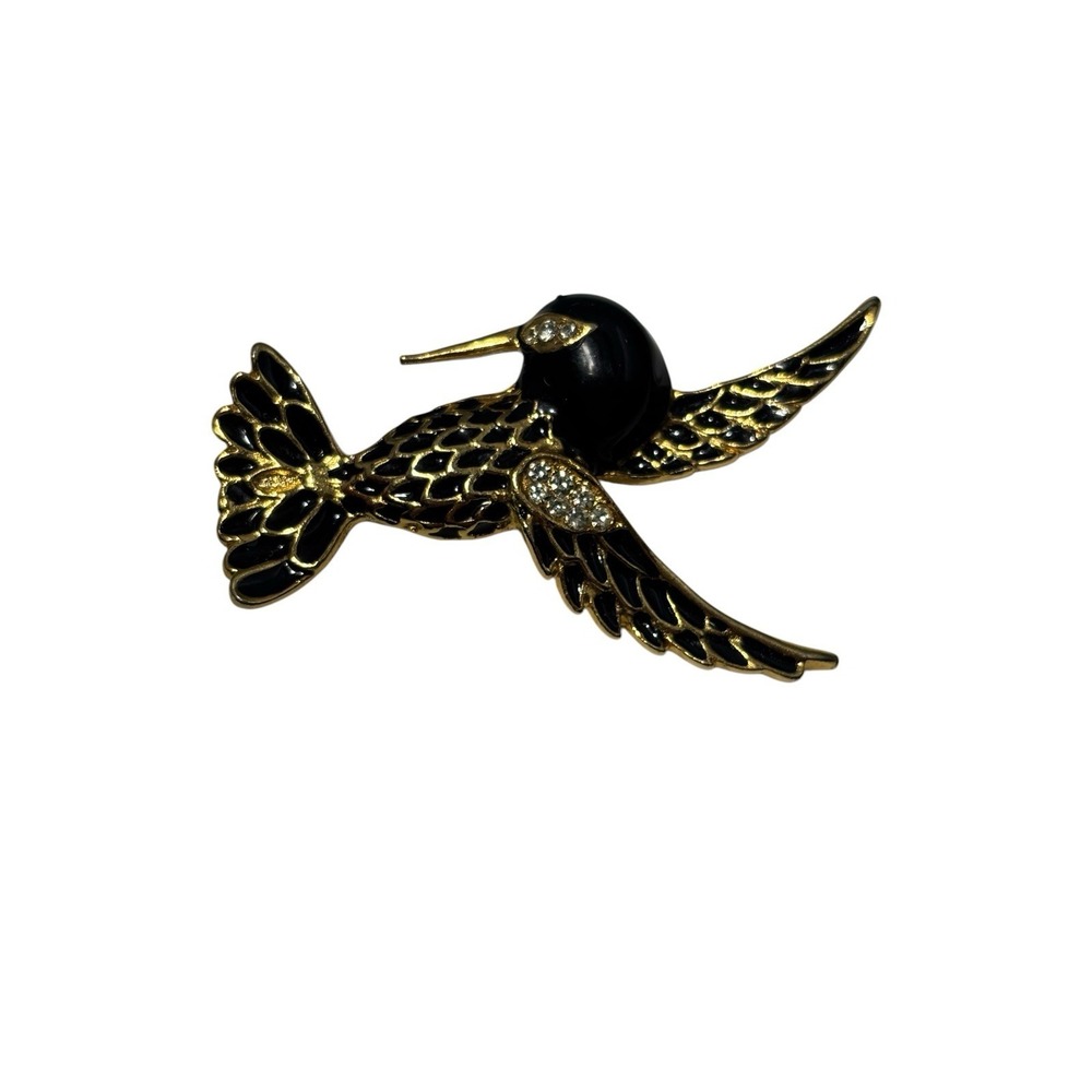 Vintage Covani Gold Tone Black Enamel Rhinestone Flying Hummingbird Brooch Pin